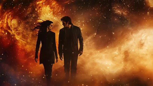 Cosmic couple walking through glowing orange nebula field.