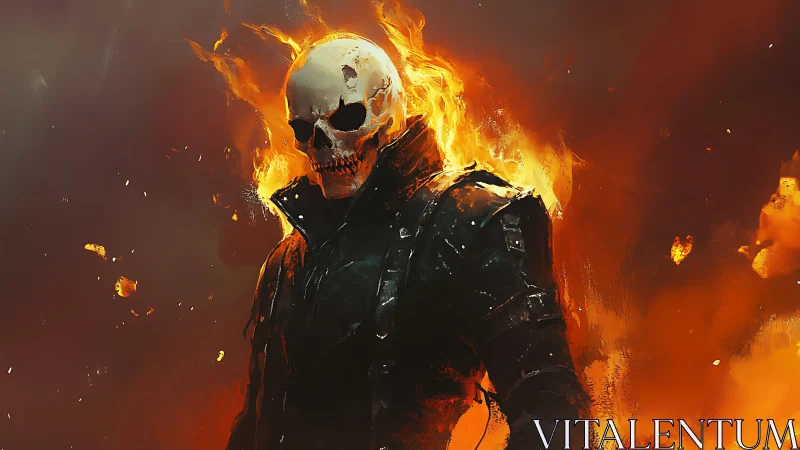 Flaming skeletal figure in black jacket on fiery backdrop.