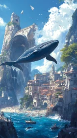 Digital painting of coastal cliff city with soaring whale vista.