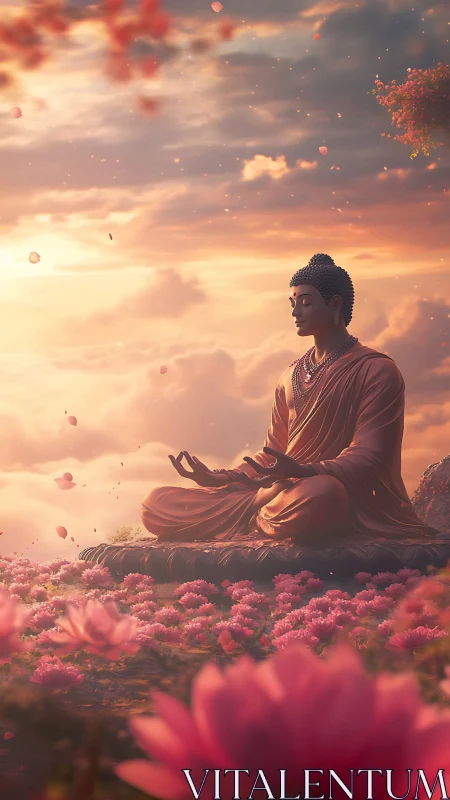 Lotus dusk serenity with meditating Buddha in rose clouds.