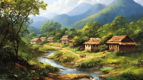 Sunlit village whispers beside a winding mountain stream