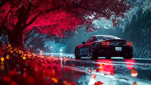 Neon rainlit sports car under crimson canopy, digital rendering.