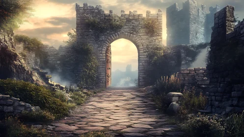 Weathered stone gate along cobbled path in diffuse dawn light.