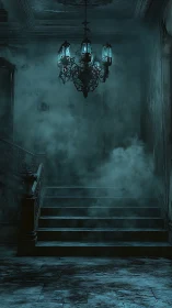 Haunted staircase shrouded in mist under cyan chandelier.