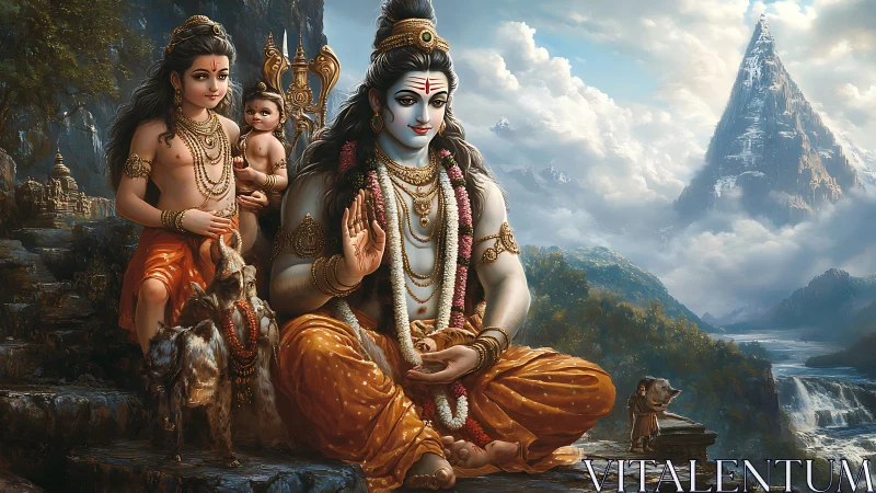 Sacred Himalayan family of Shiva in luminous serenity.