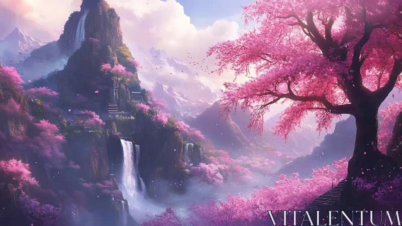 Blossom citadel above misted falls in endless springtime hush.