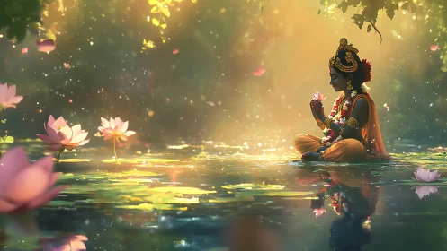 Serene lotus pond meditation with a radiant spiritual figure.
