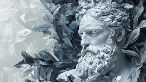 Digital marble bust amid abstract foliage in cool tones.