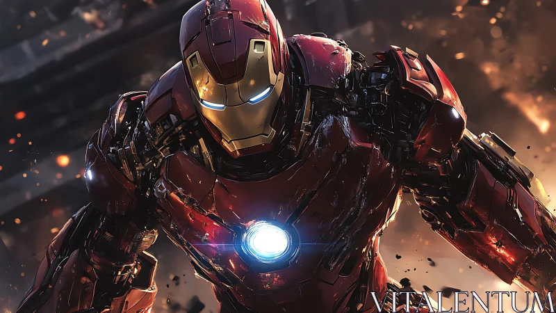 Armored hero surging through sparks and cityside chaos.