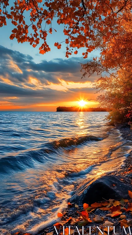 Littoral autumn sunset with specular wavefront reflections.