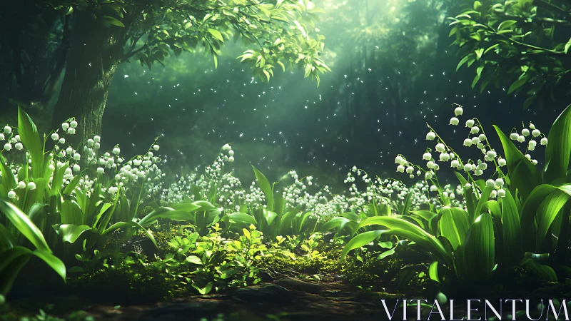 Enchanted forest path with blooming lilies of the valley, digital art.