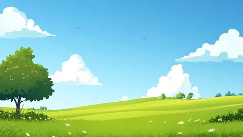 Sunny stylized meadow landscape illustrates depth and clarity
