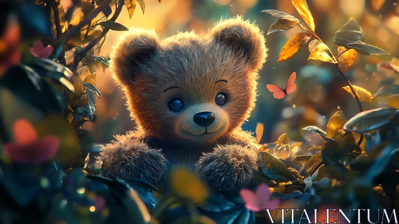 Furry plush teddy bear in glowing bokeh garden with butterflies
