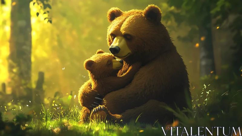 Mother bear gently embraces her cub in golden forest light