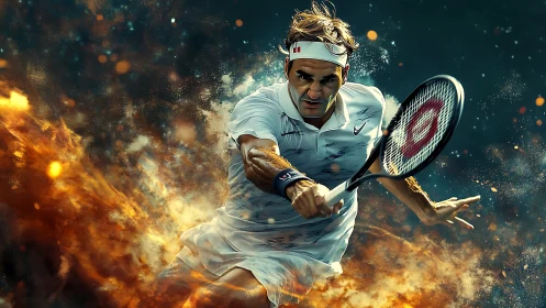 Fiery tennis forehand explodes with dramatic motion and power.