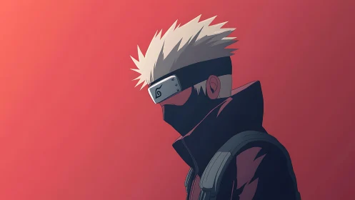 Masked silver-haired ninja profile under red gradient sky.