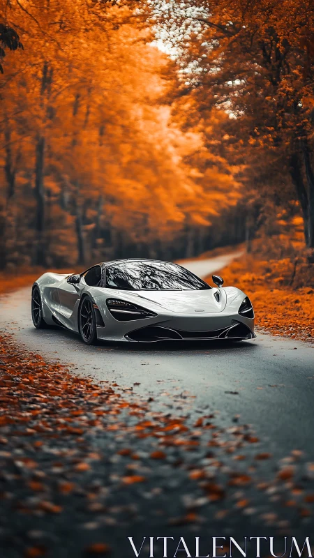 White supercar on winding forest road in vivid autumn hues.