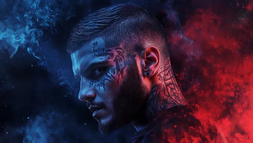 Ink-robed rebel between blue smoke and red embers.