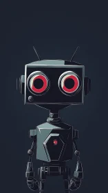 Curious little boxy robot with bright red circle eyes.