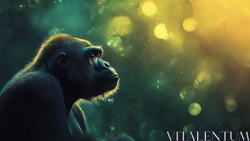 Gorilla profile rendered against blurred yellow green bokeh light