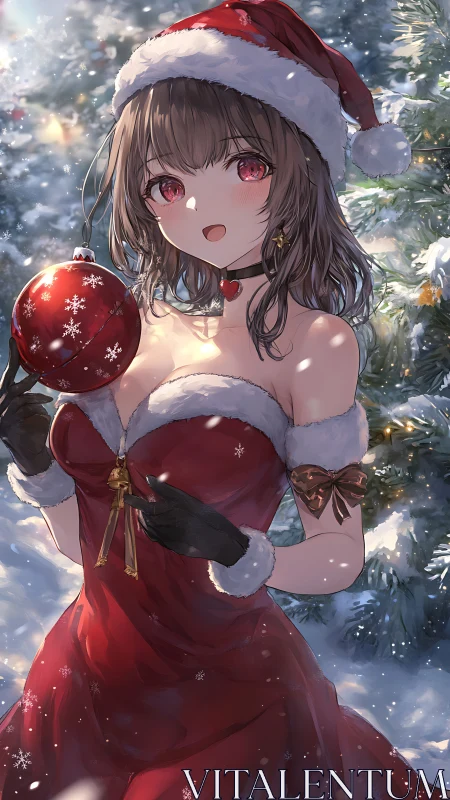 Snowlit anime girl in festive red dress holding ornament.