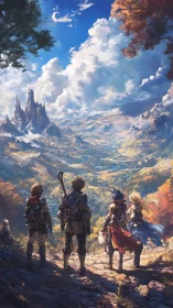 Adventuring party overlooking vast fantasy valley vista.