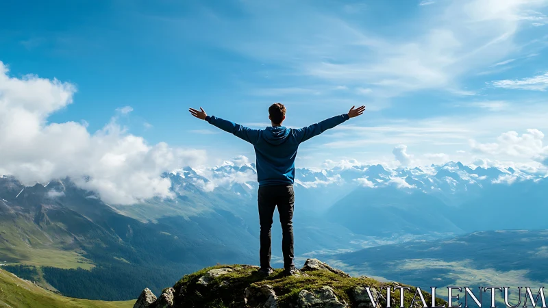 Man embraces mountain horizon under vast, cloud-bright sky