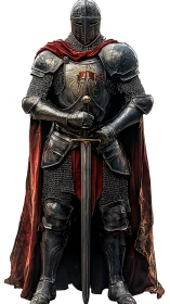 Steadfast armored knight standing with sword at rest.