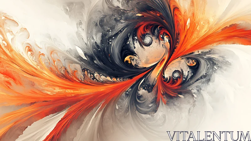High-energy fractal vortex with orange and charcoal fluid plumes