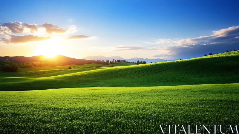 Sunlit green hills under clear blue sky at sunrise.
