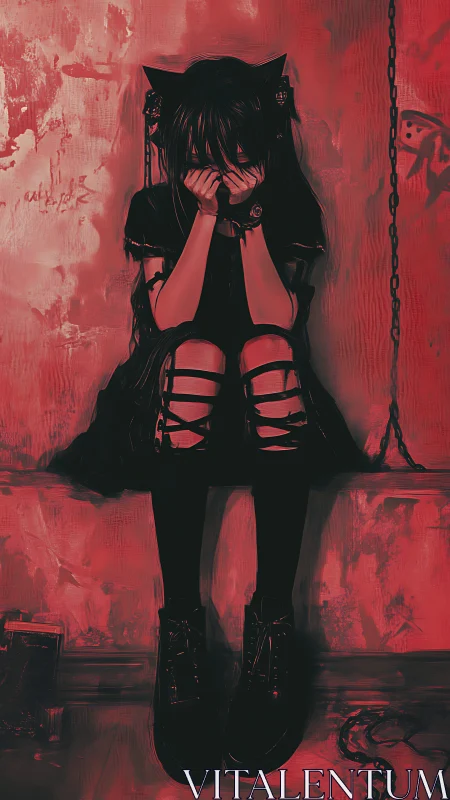 Gothic girl sits chained against wall in monochrome red