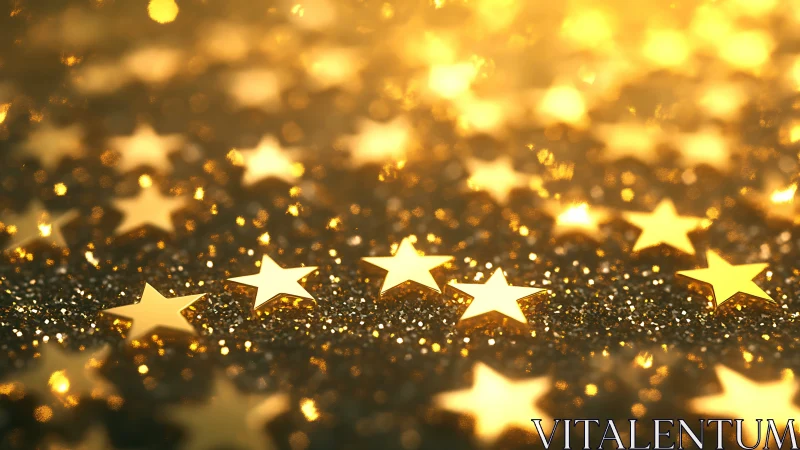 Golden star confetti scattered over glowing bokeh field.