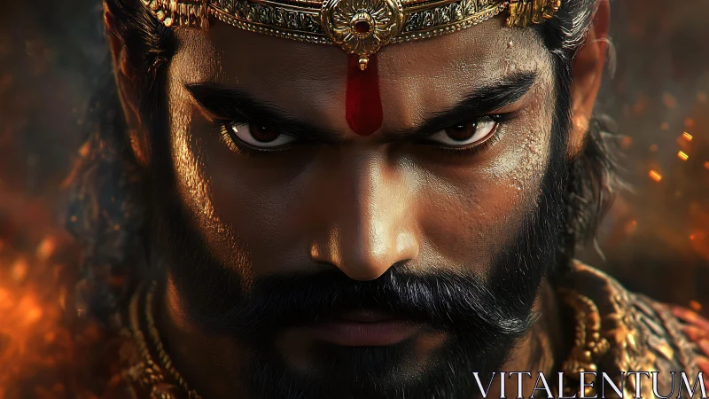 Cinematic warrior close‑up with intense gaze and embers.