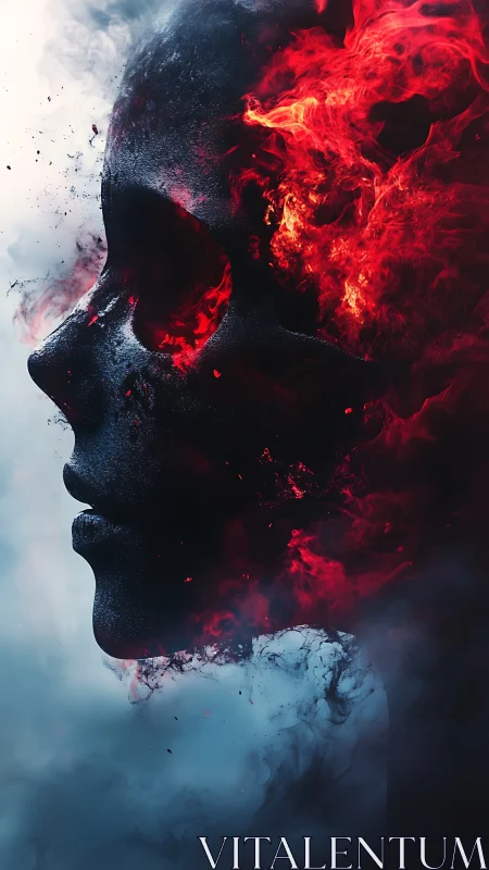 Emberborn visage blazing through smoke and shadowed sky.