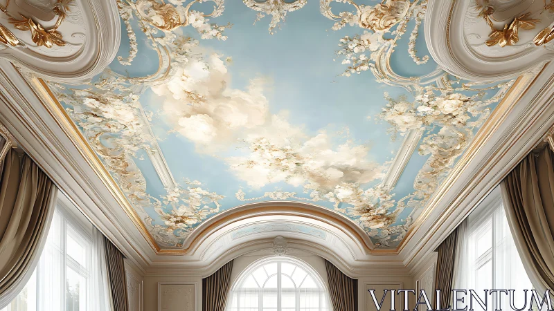 Rococo ceiling fresco with sky illusion and gilded mouldings.