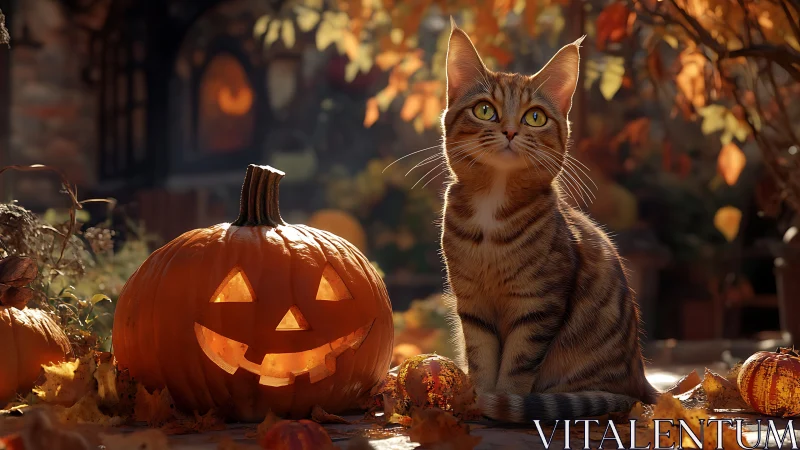 Tabby Cat Seated Beside Glowing Jack-O'-Lantern Pumpkin