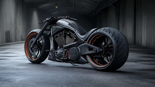 Sleek black custom motorcycle in dim tunnel setting.