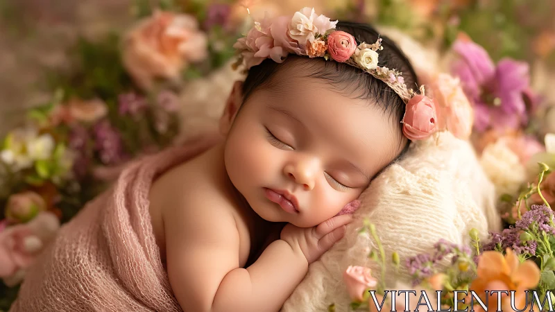 Peaceful Newborn Baby Dreams Surrounded by Soft Garden Flowers