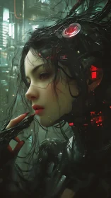 Cybernetic woman in neon-lit lab with glowing head implant.