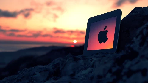 Apple Device Silhouette Against Dramatic Sunset Landscape