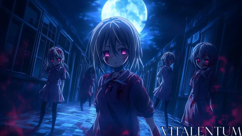 Moonlit corridor with bloodstained anime schoolgirls.