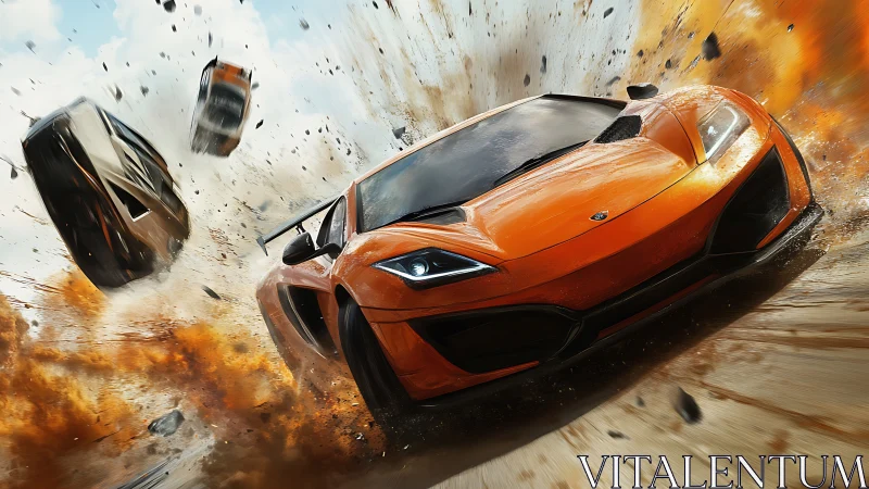 Orange supercar races through explosive cinematic chaos.