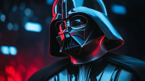 Specular-lit black helmet portrait under red and cyan rim light