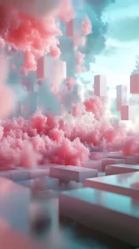 Volumetric pink clouds intersect glossy rectilinear platforms in depth