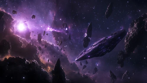 Elliptical spacecraft traversing dense purple asteroid field.