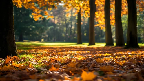 Sunlit autumn floor where golden leaves quietly shimmer.