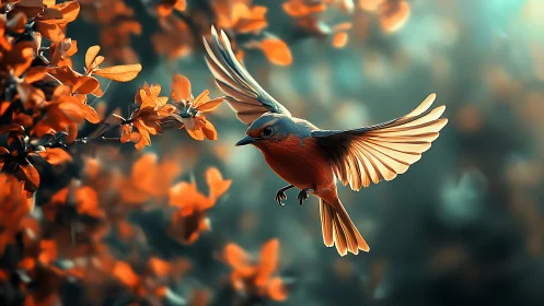 Small songbird hovering near orange foliage in focus.