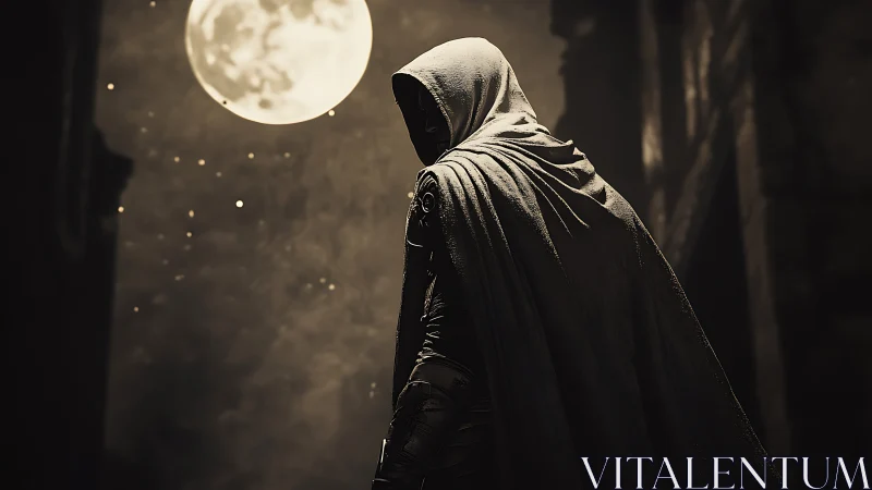 Hooded figure in cloak under full moonlit night sky.