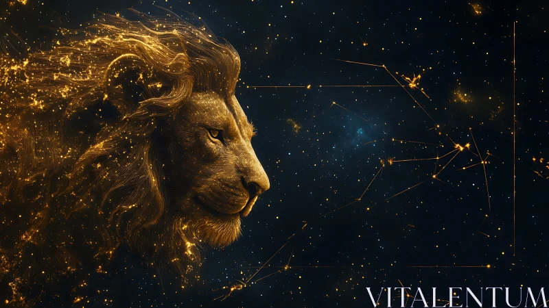 Golden cosmic lion forming Leo constellation in space.