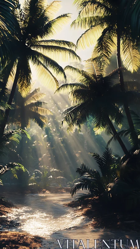 Sunlit tropical jungle stream under tall palm trees.